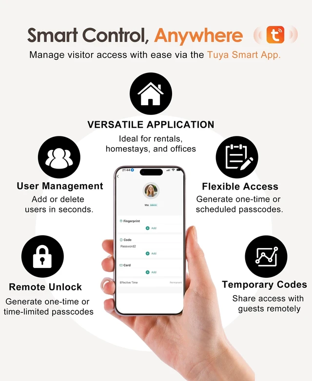 Alt view image 3 of 7 - Heavy Duty Fingerprint Smart Padlock with Keypad Combination Lock | 3/8" shackle, IP67 6-in-1 keyless entry with Tuya app and RFID for outdoor gates, fences, sheds, pools and storage units.
