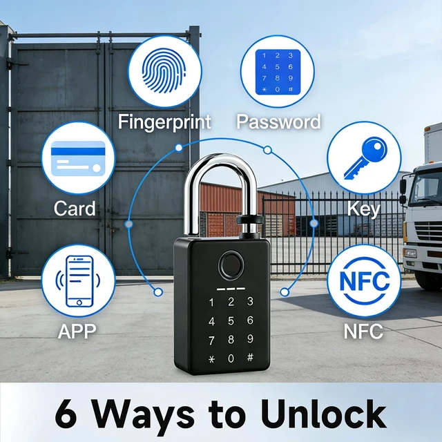 Alt view image 2 of 7 - Heavy Duty Fingerprint Padlock, Smart Padlock Outdoor, Biometric Padlock | 0.39 inch Digital Padlock with key, 6 in 1(Fingerprint/Code/Card/APP/NFC/Key), IP67 Waterproof for Gate/Fence/Shed/Yard/poor