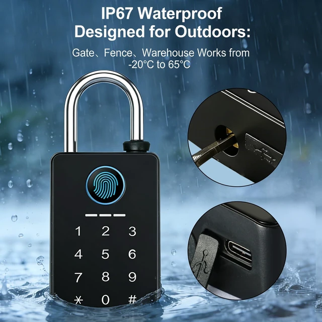 Alt view image 4 of 7 - Heavy Duty Fingerprint Padlock, Smart Padlock Outdoor, Biometric Padlock | 0.39 inch Digital Padlock with key, 6 in 1(Fingerprint/Code/Card/APP/NFC/Key), IP67 Waterproof for Gate/Fence/Shed/Yard/poor