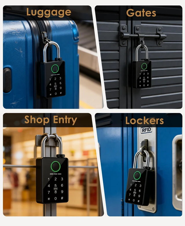 Alt view image 6 of 7 - Heavy Duty Fingerprint Smart Padlock with Keypad Combination Lock | 3/8" shackle, IP67 6-in-1 keyless entry with Tuya app and RFID for outdoor gates, fences, sheds, pools and storage units.