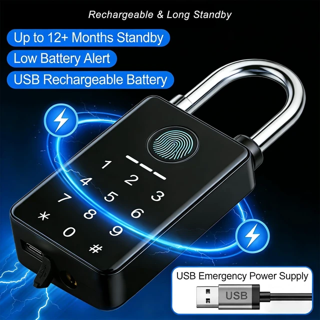 Alt view image 6 of 7 - Heavy Duty Fingerprint Padlock, Smart Padlock Outdoor, Biometric Padlock | 0.39 inch Digital Padlock with key, 6 in 1(Fingerprint/Code/Card/APP/NFC/Key), IP67 Waterproof for Gate/Fence/Shed/Yard/poor