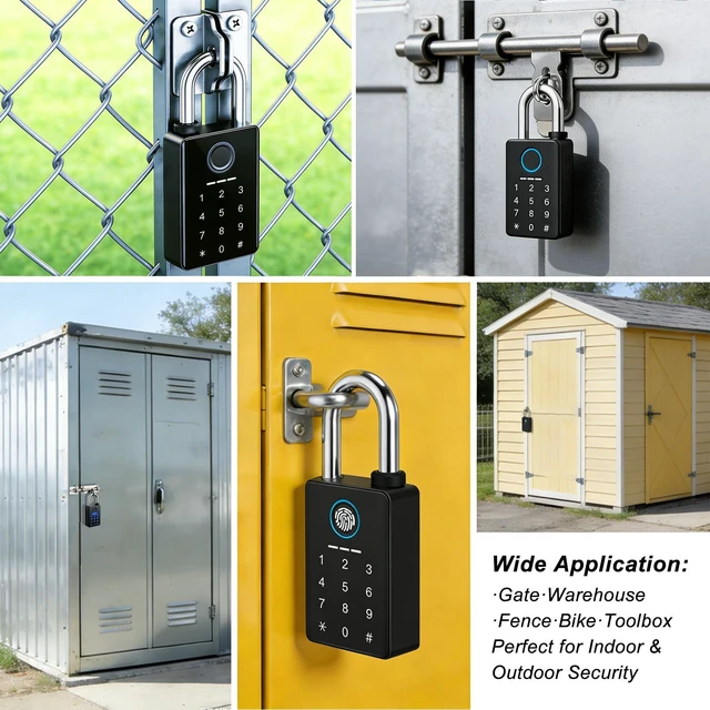Alt view image 7 of 7 - Heavy Duty Fingerprint Padlock, Smart Padlock Outdoor, Biometric Padlock | 0.39 inch Digital Padlock with key, 6 in 1(Fingerprint/Code/Card/APP/NFC/Key), IP67 Waterproof for Gate/Fence/Shed/Yard/poor