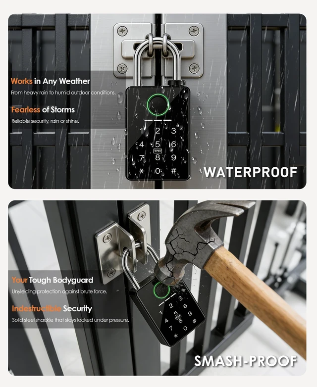 Alt view image 7 of 7 - Heavy Duty Fingerprint Smart Padlock with Keypad Combination Lock | 3/8" shackle, IP67 6-in-1 keyless entry with Tuya app and RFID for outdoor gates, fences, sheds, pools and storage units.
