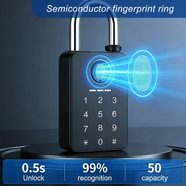 Alt view image 3 of 7 - Heavy Duty Fingerprint Padlock, Smart Padlock Outdoor, Biometric Padlock | 0.39 inch Digital Padlock with key, 6 in 1(Fingerprint/Code/Card/APP/NFC/Key), IP67 Waterproof for Gate/Fence/Shed/Yard/poor
