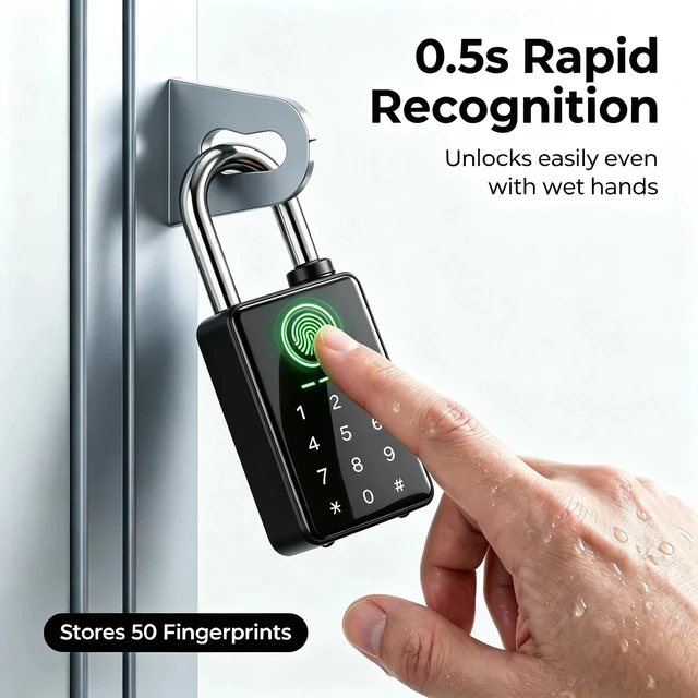 Alt view image 5 of 7 - 6-in-1 Fingerprint Smart Padlock with Tuya App | Keyless Entry Lock, RFID, Keypad Code, Digital Combination Lock for Outdoor Gate, Fence, Shed, Pool
