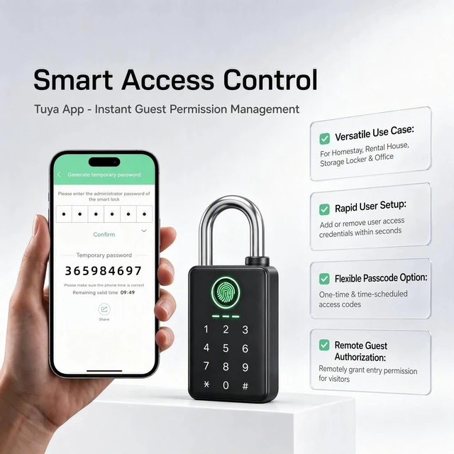 Alt view image 7 of 7 - 6-in-1 Fingerprint Smart Padlock with Tuya App | Keyless Entry Lock, RFID, Keypad Code, Digital Combination Lock for Outdoor Gate, Fence, Shed, Pool