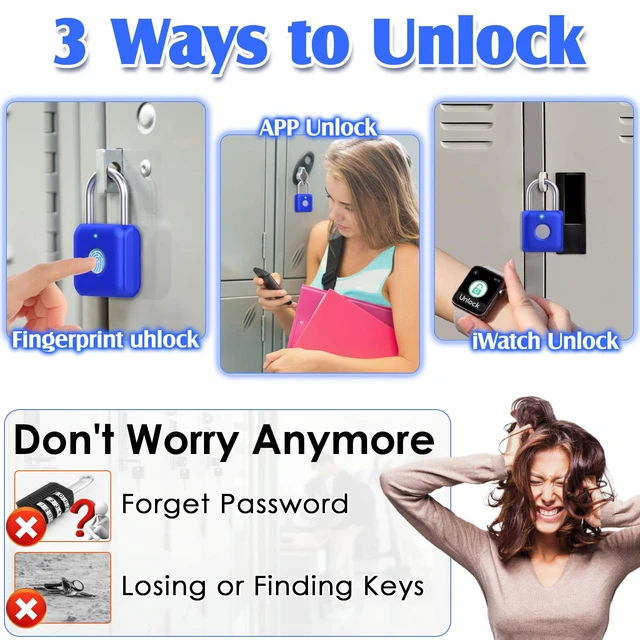 Alt view image 2 of 7 - Fingerprint Padlock, Smart Padlock, Locker Lock, Fingerprint Lock with APP Unlock, USB Rechargeable, Suitable for Gym Locker, Locker(Sapphire Blue)