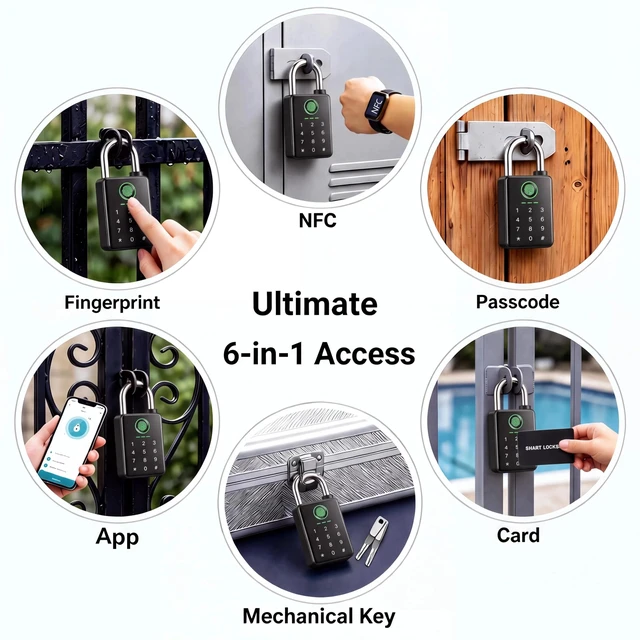 Alt view image 4 of 7 - 6-in-1 Fingerprint Smart Padlock with Tuya App | Keyless Entry Lock, RFID, Keypad Code, Digital Combination Lock for Outdoor Gate, Fence, Shed, Pool