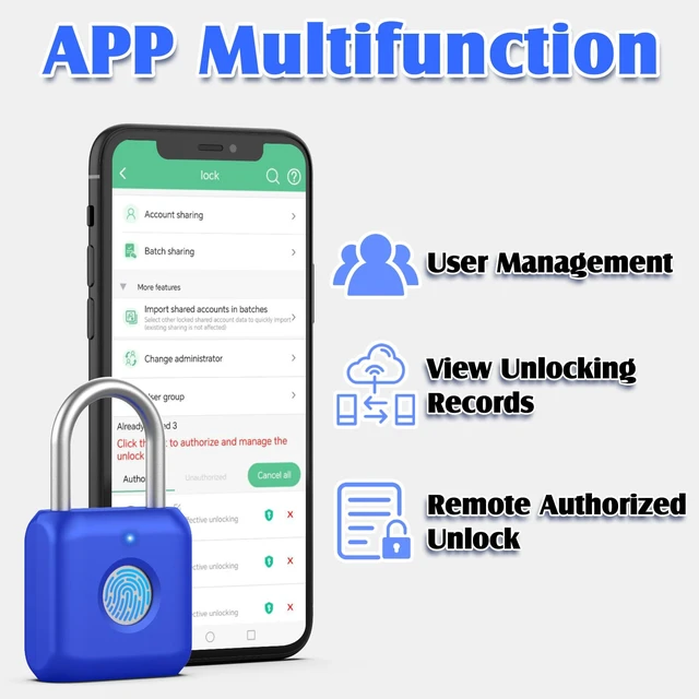 Alt view image 7 of 7 - Fingerprint Padlock, Smart Padlock, Locker Lock, Fingerprint Lock with APP Unlock, USB Rechargeable, Suitable for Gym Locker, Locker(Sapphire Blue)