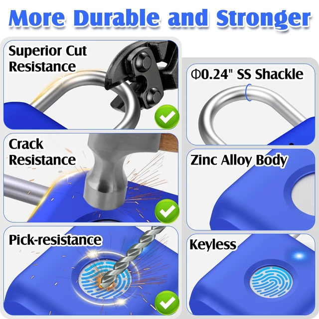 Alt view image 4 of 7 - Fingerprint Padlock, Smart Padlock, Locker Lock, Fingerprint Lock with APP Unlock, USB Rechargeable, Suitable for Gym Locker, Locker(Sapphire Blue)