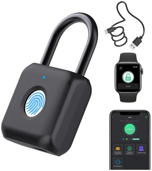 Main image of Fingerprint Padlock, Gym Lock for Locker with App, Rechargeable | Keyless Biometric Lock for School & Work Lockers, Bluetooth & iOS Watch Unlock, 20 Fingerprints, Backpack, Luggage, Black