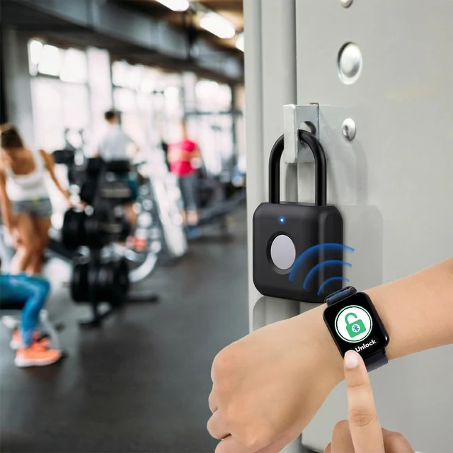 Alt view image 2 of 7 - Fingerprint Padlock, Gym Lock for Locker with App, Rechargeable | Keyless Biometric Lock for School & Work Lockers, Bluetooth & iOS Watch Unlock, 20 Fingerprints, Backpack, Luggage, Black