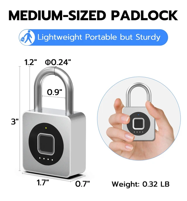 Alt view image 2 of 6 - Fingerprint Gym Locker Lock, Keyless Biometric Padlock | Weatherproof Bluetooth App Smart Combination Pad Lock for Outdoor Fence Gate School Storage Unit Pool Shed - Silver