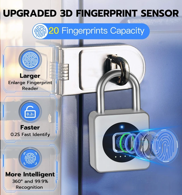 Alt view image 4 of 6 - Fingerprint Gym Locker Lock, Keyless Biometric Padlock | Weatherproof Bluetooth App Smart Combination Pad Lock for Outdoor Fence Gate School Storage Unit Pool Shed - Silver