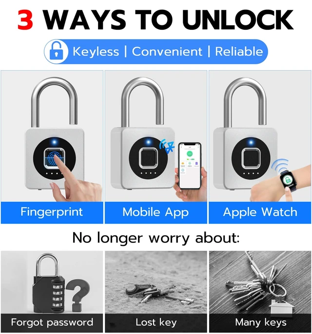 Alt view image 3 of 6 - Fingerprint Gym Locker Lock, Keyless Biometric Padlock | Weatherproof Bluetooth App Smart Combination Pad Lock for Outdoor Fence Gate School Storage Unit Pool Shed - Silver
