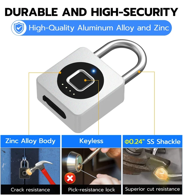 Alt view image 5 of 6 - Fingerprint Gym Locker Lock, Keyless Biometric Padlock | Weatherproof Bluetooth App Smart Combination Pad Lock for Outdoor Fence Gate School Storage Unit Pool Shed - Silver