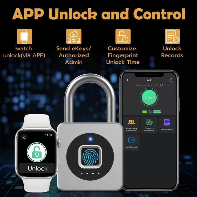 Alt view image 3 of 7 - Fingerprint Padlock with APP, Keyless Biometric Lock, Smart Waterproof Padlock Suitable for Gym, Locker, Gates, Fence and Storage