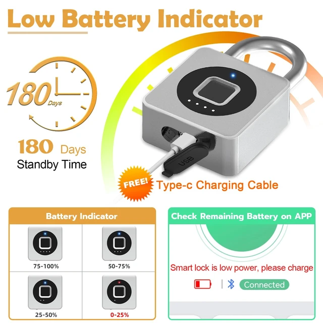 Alt view image 5 of 7 - Fingerprint Padlock with APP, Keyless Biometric Lock, Smart Waterproof Padlock Suitable for Gym, Locker, Gates, Fence and Storage