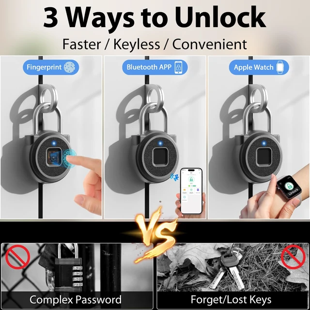 Alt view image 2 of 7 - Fingerprint Padlock,Fingerprint Locker Lock,Biometric Smart Padlock Outdoor Waterproof Pad Lock for Locker Gym Fence Gate Toolbox Case Storage