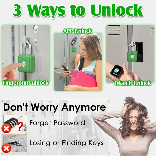 Alt view image 2 of 7 - Fingerprint Padlock, Smart Padlock, Locker Lock, Combination Lock, Fingerprint Lock with APP Unlock, USB Rechargeable, Suitable for Gym Locker, Locker(Avocado Green)