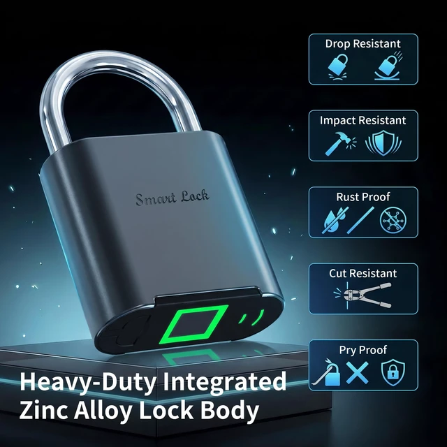 Alt view image 3 of 7 - Smart Fingerprint Padlock with Backup Electronic Key, 0.5s Fast Biometric Gym Locker Lock, IP66 Waterproof Heavy Duty Anti-Theft Lock for Outdoor Gate, School, Shed, Fence, Storage Unit, Toolbox