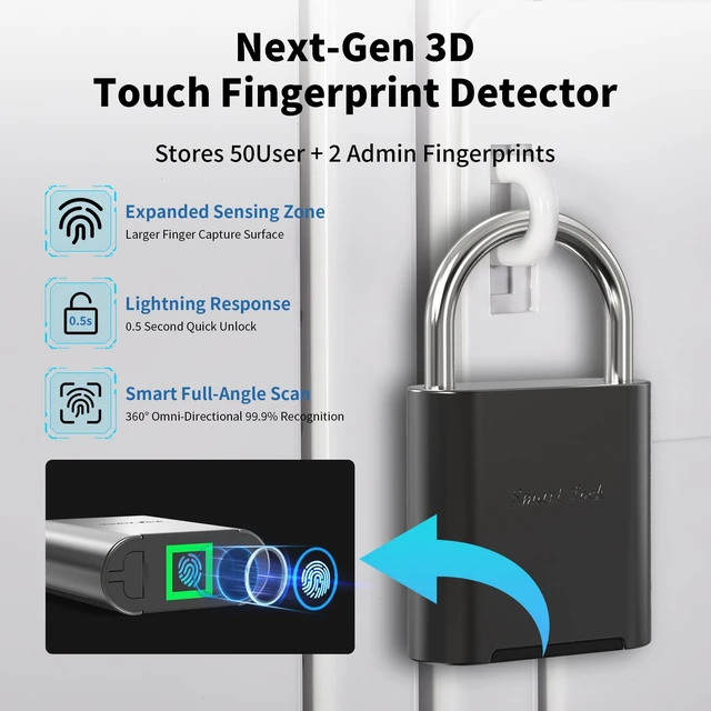 Alt view image 4 of 7 - Smart Fingerprint Padlock with Backup Electronic Key, 0.5s Fast Biometric Gym Locker Lock, IP66 Waterproof Heavy Duty Anti-Theft Lock for Outdoor Gate, School, Shed, Fence, Storage Unit, Toolbox