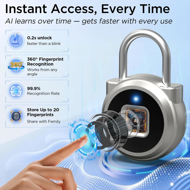 Alt view image 3 of 7 - Fingerprint Lock, Gym Lock, Bluetooth Lock, Small Fingerprint Padlock with Keyless, Weatherproof Smart Lock for Gym Locker School Suitcase Cabinet Luggage Storage and Fence