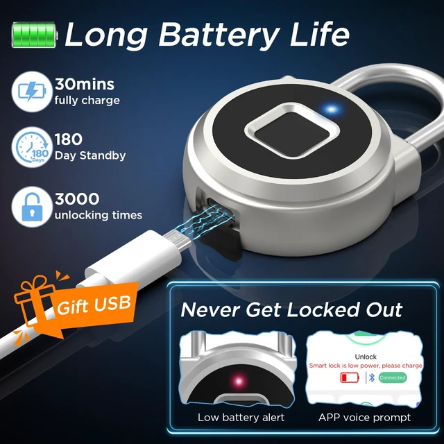 Alt view image 4 of 7 - Fingerprint Lock, Gym Lock, Bluetooth Lock, Small Fingerprint Padlock with Keyless, Weatherproof Smart Lock for Gym Locker School Suitcase Cabinet Luggage Storage and Fence