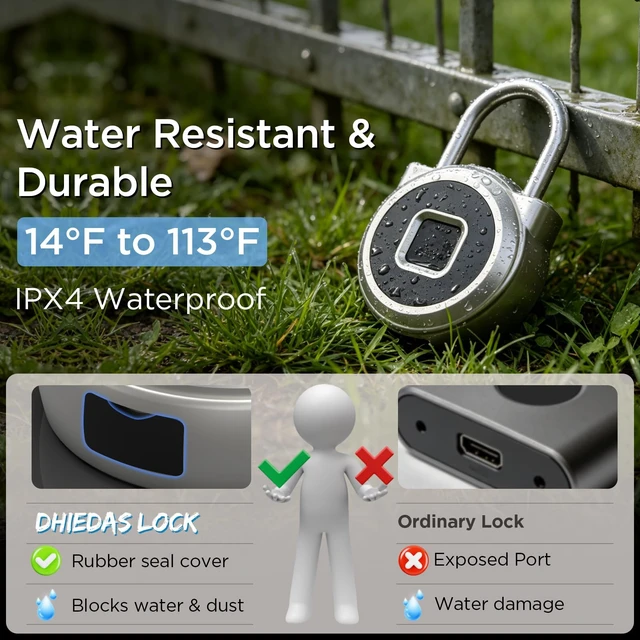 Alt view image 5 of 7 - Fingerprint Lock, Gym Lock, Bluetooth Lock, Small Fingerprint Padlock with Keyless, Weatherproof Smart Lock for Gym Locker School Suitcase Cabinet Luggage Storage and Fence