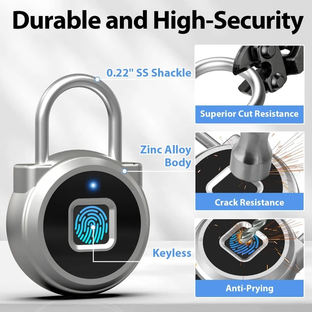 Alt view image 3 of 7 - Fingerprint Padlock,Gym Locker Lock,Smart Padlock Bluetooth APP Control Biometric Lock for Gym Locker School Luggage Cabinet Fence Storage Silver