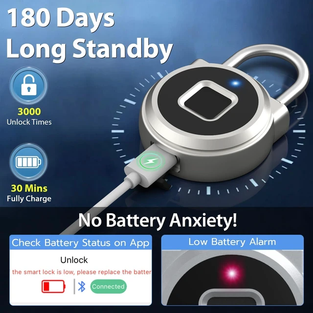Alt view image 7 of 7 - Fingerprint Padlock,Gym Locker Lock,Smart Padlock Bluetooth APP Control Biometric Lock for Gym Locker School Luggage Cabinet Fence Storage Silver