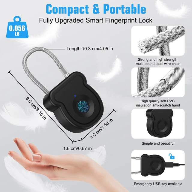Alt view image 2 of 7 - Smart Fingerprint Padlock for Luggage - 20 User Capacity, USB Key & Emergency Code, Keyless Biometric Lock for Gym Locker, Suitcase, Backpack, Toolbox & Handbag (Black)
