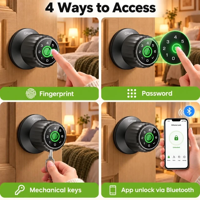 Alt view image 3 of 7 - Fingerprint Door Lock, 4-IN-1 Smart Lock with Removable Battery | Smart Fingerprint Door Knob with Keypad, App Control, Black Biometric Door Knob with Lock, Auto Lock for Bedroom, Home Office