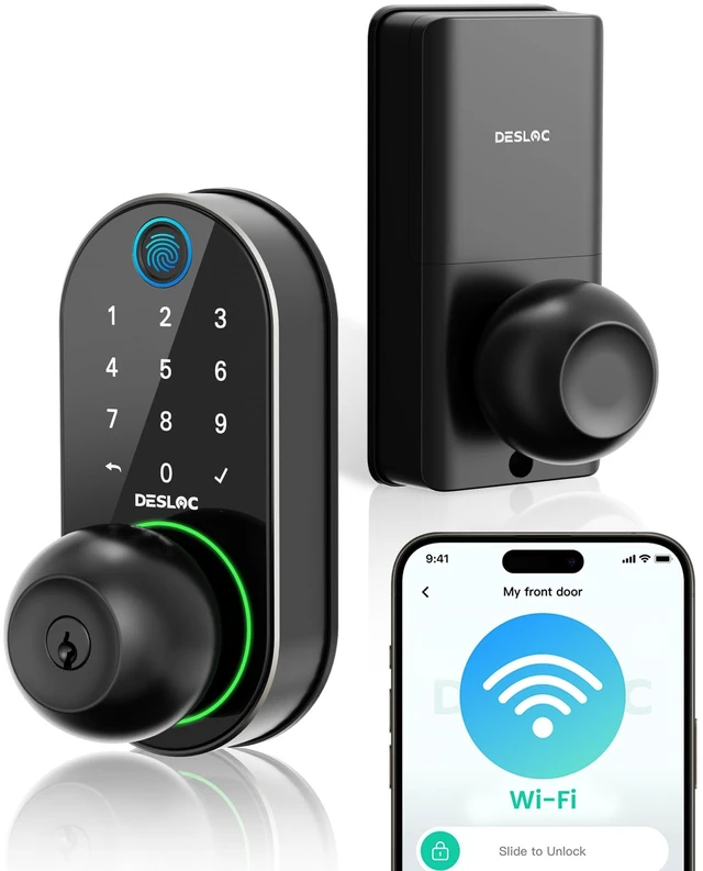 Main image of D212 Fingerprint Door Knob Lock, Built in WiFi, 8-Month Battery | Easy Install, App Control, Auto Lock, works with Alexa Google Assistant, Keyless Entry Handle for Front door, Black