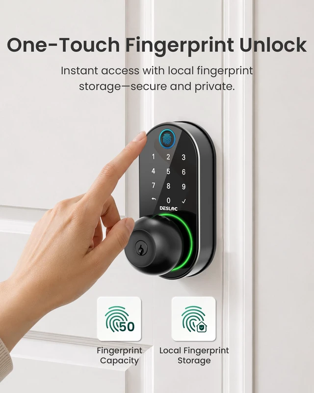 Alt view image 3 of 7 - D212 Fingerprint Door Knob Lock, Built in WiFi, 8-Month Battery | Easy Install, App Control, Auto Lock, works with Alexa Google Assistant, Keyless Entry Handle for Front door, Black