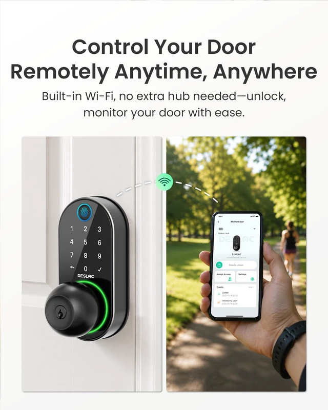 Alt view image 4 of 7 - D212 Fingerprint Door Knob Lock, Built in WiFi, 8-Month Battery | Easy Install, App Control, Auto Lock, works with Alexa Google Assistant, Keyless Entry Handle for Front door, Black