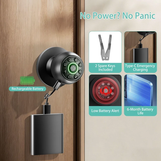Alt view image 4 of 7 - Fingerprint Door Lock with Keypad & Handle | Keyless Entry Smart Biometric Door Knob for Bedroom, Home Office Passcode Lock