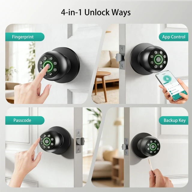 Alt view image 2 of 7 - Fingerprint Door Lock with Keypad & Handle | Keyless Entry Smart Biometric Door Knob for Bedroom, Home Office Passcode Lock