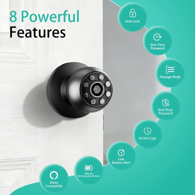 Alt view image 5 of 7 - Fingerprint Door Lock with Keypad & Handle | Keyless Entry Smart Biometric Door Knob for Bedroom, Home Office Passcode Lock