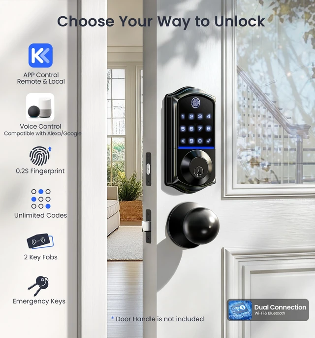 Alt view image 2 of 7 - VE017G WiFi Smart Keyless Entry Lock for Front Door, Matte Black | Remote APP Control, Fingerprint, Voice & Fob Unlock, Touchscreen Back-Lit Keypad Deadbolt, Emergency Power Port, Auto Lock