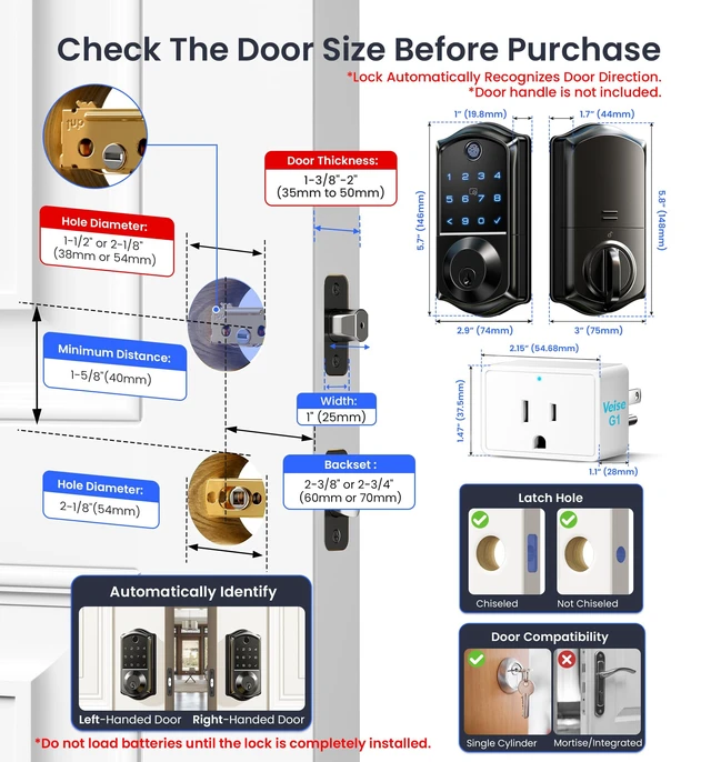 Alt view image 6 of 7 - VE017G WiFi Smart Keyless Entry Lock for Front Door, Matte Black | Remote APP Control, Fingerprint, Voice & Fob Unlock, Touchscreen Back-Lit Keypad Deadbolt, Emergency Power Port, Auto Lock
