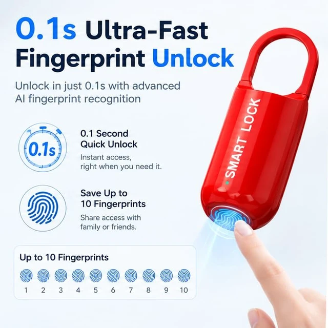 Alt view image 3 of 4 - Small Fingerprint Padlcok for Locker,Gym,Backpack,Red