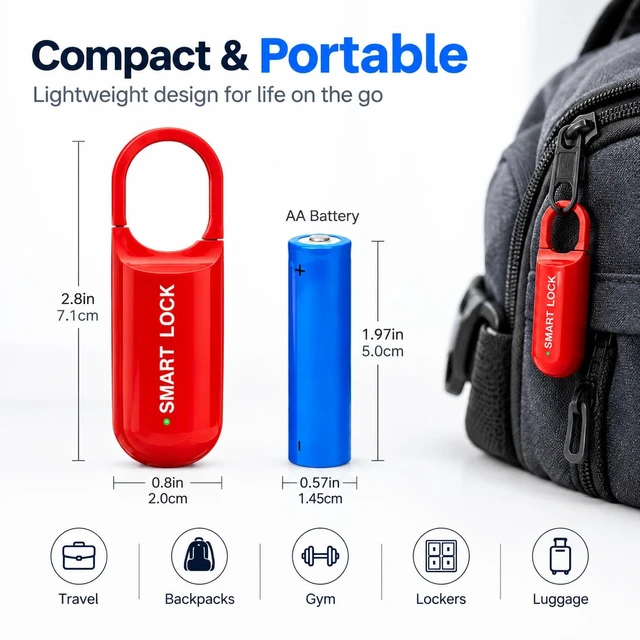 Alt view image 2 of 4 - Small Fingerprint Padlcok for Locker,Gym,Backpack,Red