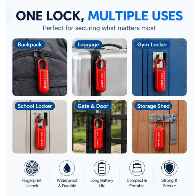 Alt view image 4 of 4 - Small Fingerprint Padlcok for Locker,Gym,Backpack,Red