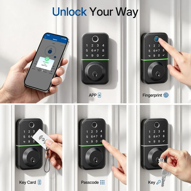 Alt view image 2 of 7 - Smart Keypad Deadbolt Door Lock with Fingerprint for Front Door | 7 in 1 Keyless Entry with Code, Electronic with APP Control, Auto-Lock, IP54 Waterproof, Easy DIY Install, ANSI Grade 3