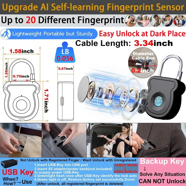 Alt view image 2 of 7 - Fingerprint Padlock, Biometric Keyless Lock with USB Key Backup | 20-User Fingerprint Lock, Flexible Cable, Rechargeable, No App. For Gym Locker, Luggage, Backpack, Dorm & Travel. Indoor Use