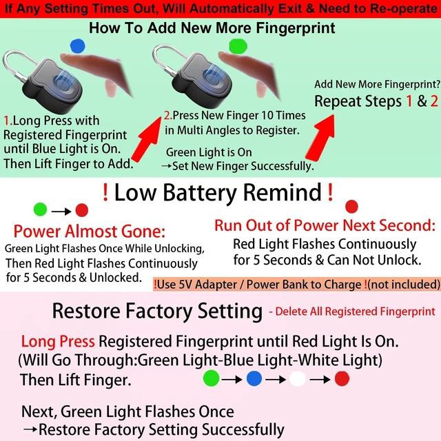 Alt view image 7 of 7 - Fingerprint Padlock, Biometric Keyless Lock with USB Key Backup | 20-User Fingerprint Lock, Flexible Cable, Rechargeable, No App. For Gym Locker, Luggage, Backpack, Dorm & Travel. Indoor Use