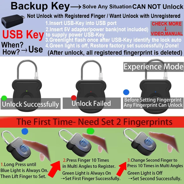 Alt view image 5 of 7 - Fingerprint Padlock, Biometric Keyless Lock with USB Key Backup | 20-User Fingerprint Lock, Flexible Cable, Rechargeable, No App. For Gym Locker, Luggage, Backpack, Dorm & Travel. Indoor Use