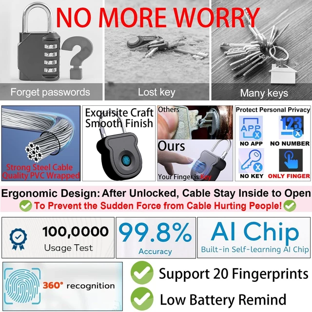Alt view image 6 of 7 - Fingerprint Padlock, Biometric Keyless Lock with USB Key Backup | 20-User Fingerprint Lock, Flexible Cable, Rechargeable, No App. For Gym Locker, Luggage, Backpack, Dorm & Travel. Indoor Use
