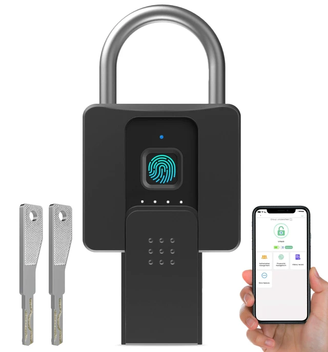 Alt view image 4 of 7 - Fingerprint Padlock, Heavy Duty Combination Lock, Padlock with Key, Bluetooth, and Fingerprint Unlock, Waterproof with Protective Shell for Warehouse, Gate, Gym, Office, Cabinet Hasp